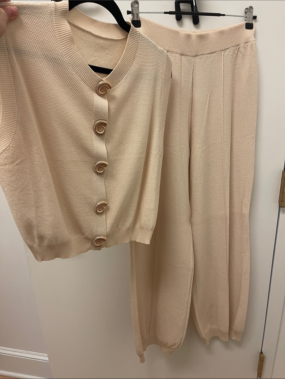 Beige Knit Two-Piece Button Up Top & Wide-Leg Lined Pants Set
